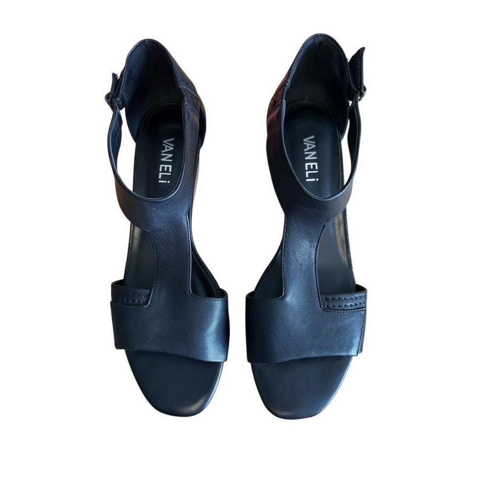 Vaneli Calyx Black Leather T-Strap Wood Wedge‎ Sandals Womens 7.5N